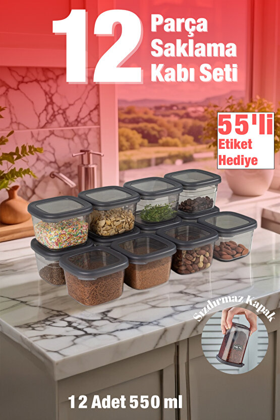 12 Adet 24 Parça 550 ml. Etiket Hedeli Sızdırmaz Kapaklı Kare Erzak Bakliyat Saklama Kabı Seti