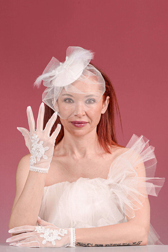 Kırık Beyaz Dantelli Gelin Kepi Nikah Şapkası Ve Fransız Dantelli Gelin Eldiveni  Kombin Set