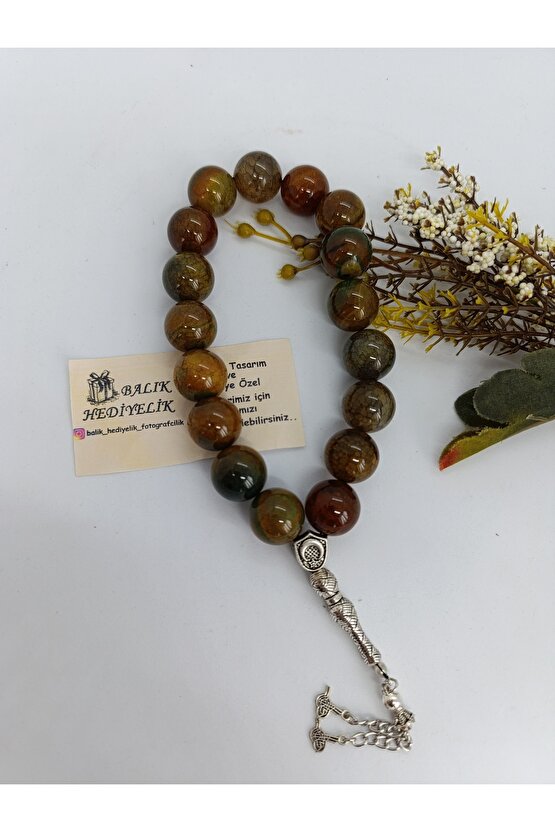 İRİ KESİM DOĞALTAŞ TESPİH YEŞİL DAMARLI AKİK TAŞI ŞAK ŞAK TESPİH 16 mm-1032