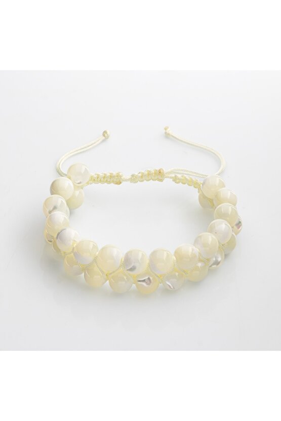 Beyaz Sedef 8mm Çift Sıra Makrome Doğal Taş Bileklik