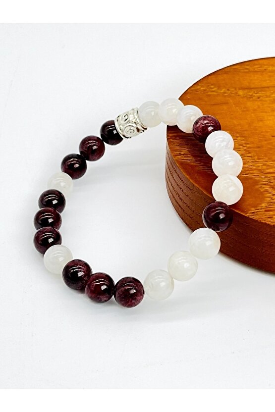 Sertifikalı Ay Taşı & Lal Garnet Doğal Taş Özel Tasarım Bileklik 8 Mm