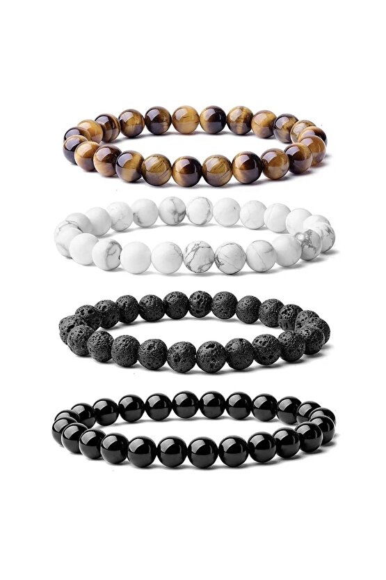 Doğal Taş 8mm 4lü Set Muhteşem Yarı Değerli Siyah Oniks Lav Kaplan Göz Şifa Kadınlar Ve Erkek Için