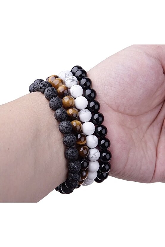 Doğal Taş 8mm 4lü Set Muhteşem Yarı Değerli Siyah Oniks Lav Kaplan Göz Şifa Kadınlar Ve Erkek Için