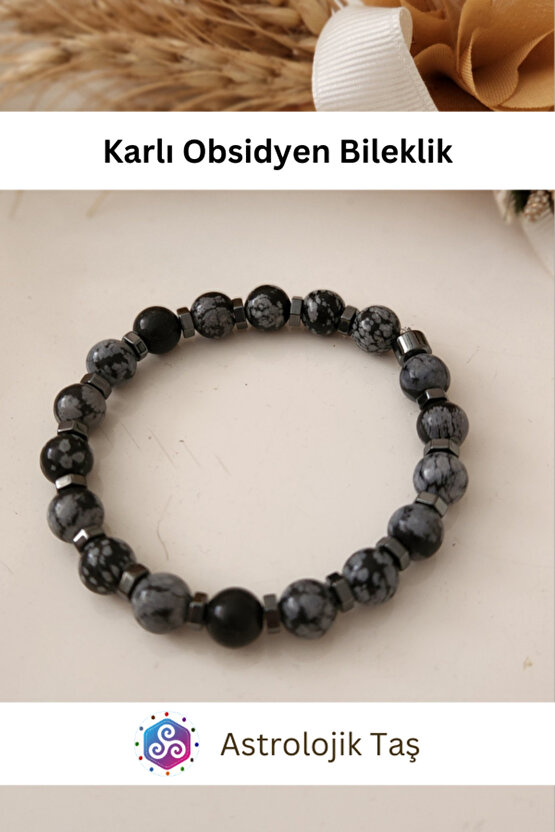 Karlı Obsidyen Doğal Taş Bileklik - Obsidyen Taşı & Hematit