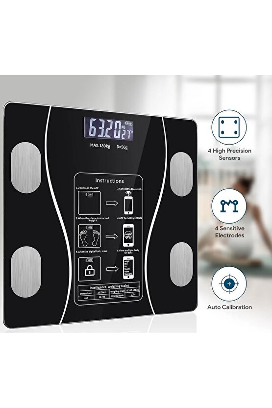 Dijital Baskül Yağ Su Kas Vücut Kitle Endeksi Kilo Ölçer Tartı Bluetooth lu