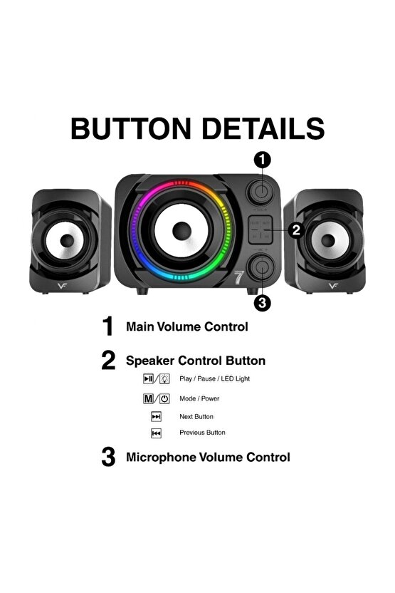 RGB LED IŞIKLI 2+1 SES SİSTEMİ BLUETOOTH HOPARLÖR FM RADYO KARAOKE MİKROFONLU SPEAKER TV PC 50W