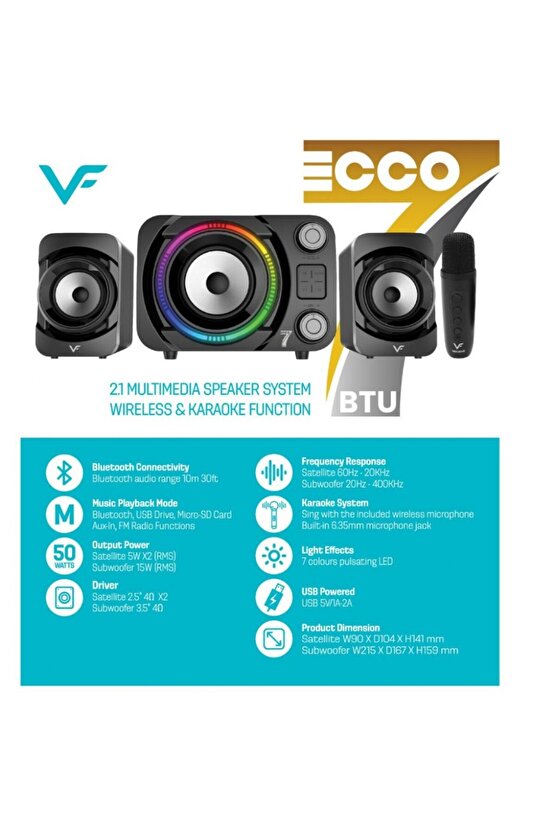 RGB LED IŞIKLI 2+1 SES SİSTEMİ BLUETOOTH HOPARLÖR FM RADYO KARAOKE MİKROFONLU SPEAKER TV PC 50W