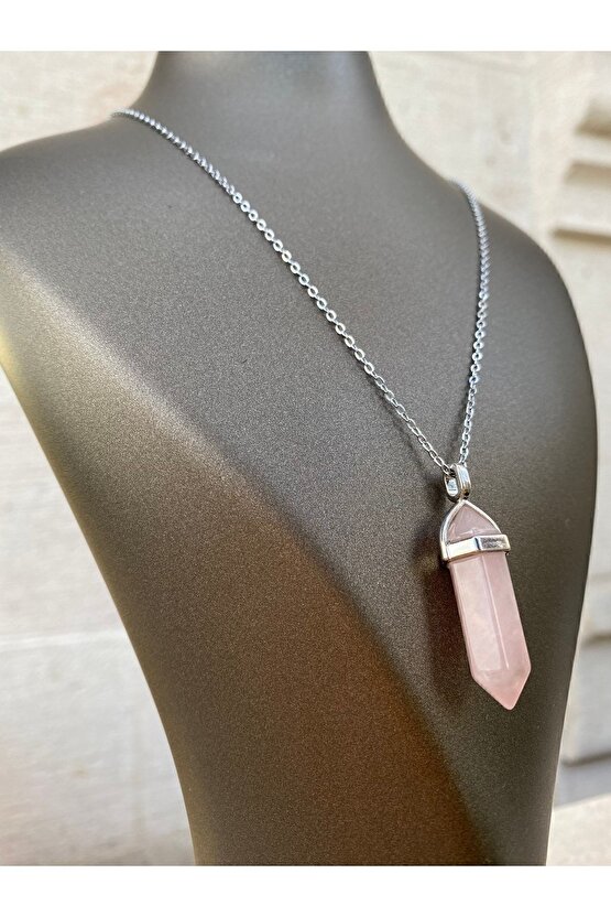 Pembe Kuvars  Doğal Taş Kolye - Çivi Modeli - Kolye Ucu + Zincir