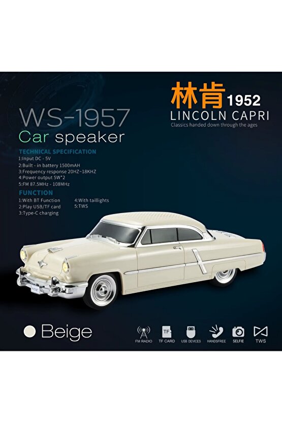 1952 LİNCOLN CAPRİ ŞARJLI BLUETOOTH SPEAKER KABLOSUZ LED IŞIKLI HOPARLÖR FM RADYO SD KART USB