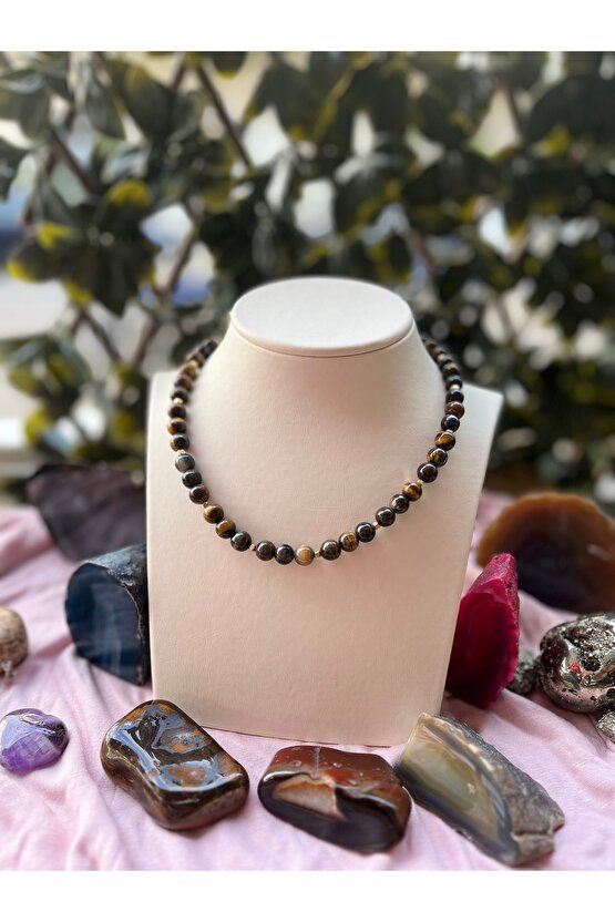 Kaplan Gözü Taşı Doğal Taş Kolye 40 cm