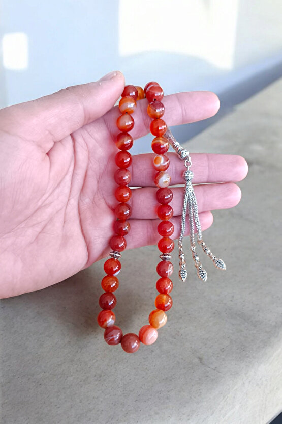 Kırmızı Akik Tesbih 33 Lük Tesbih Orijinal Doğal Taş Büyük Boy Akik Taşı Gerçek Akik