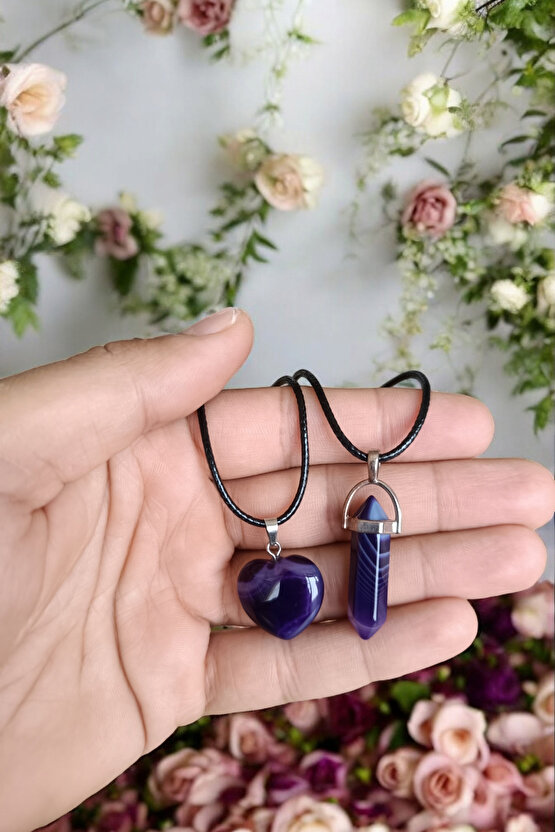 Mor Akik Taşı Kolye 2 Adet Özel Model Hediyelik Eşya Sevgili Kolye Çift Sevgili Kolyesi 2 Adet Kolye