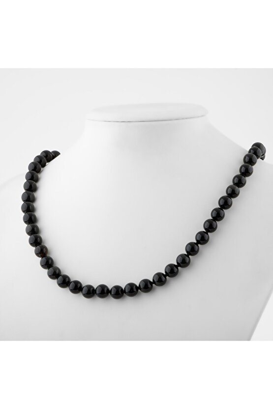 Siyah Turmalin 8 mm Düğümlü Doğal Taş Kolye