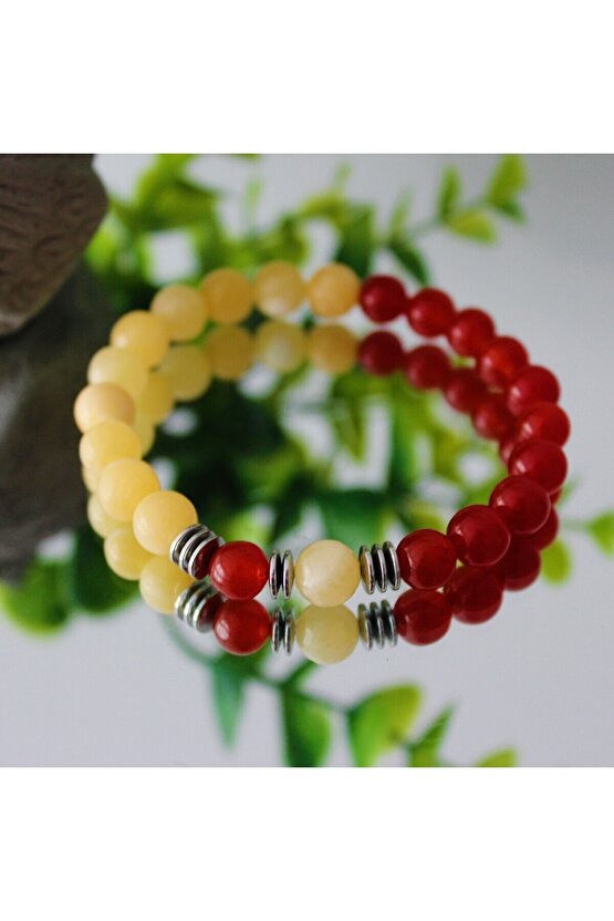 Gerçek Doğal Taş Bileklik Taraftar Bilekliği Sarı Kırmızı -3
