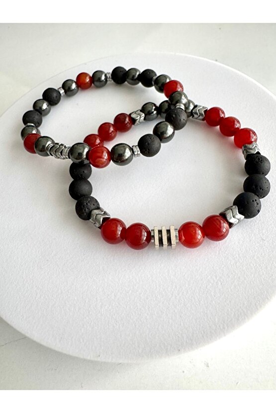 Gerçek Doğaltaş Kırmızı Akik , Lav Taşı . Hematit Koruyucu Doğaltaş Bileklik