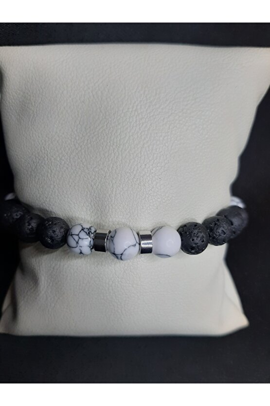 Siyah Lav Taşı ve Geanit Görünümlü Gri Taşlı Bileklik Tarz Tasarım