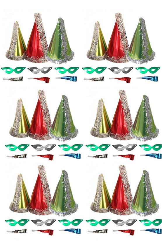 18 Adet Renkli 3lü Yılbaşı Katyon Set; Parti Maskesi, Parti Gözlüğü Ve Kaynana Dili