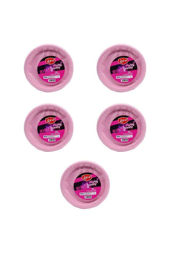 Kullan At Renkli Pembe Parti Davet Plastik Tabak - 22 Cm. - 25 Adetlik 5 Paket