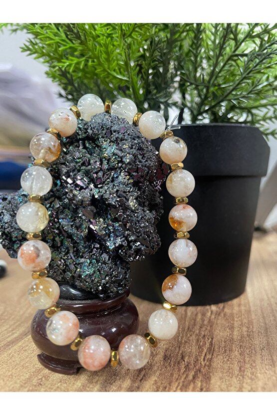 GNG SİLVER Bereket Zenginlik TAŞI SİTRİN & HEMATİT DOĞAL TAŞ GOLD KADIN LASTİKLİ BİLEKLİK