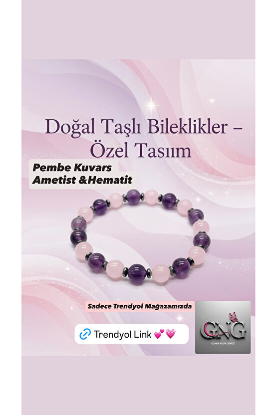Doğal Taş Bileklik – Pembe Kuvars & Ametist 7mm Taşlı – GNG Silver Özel Tasarım