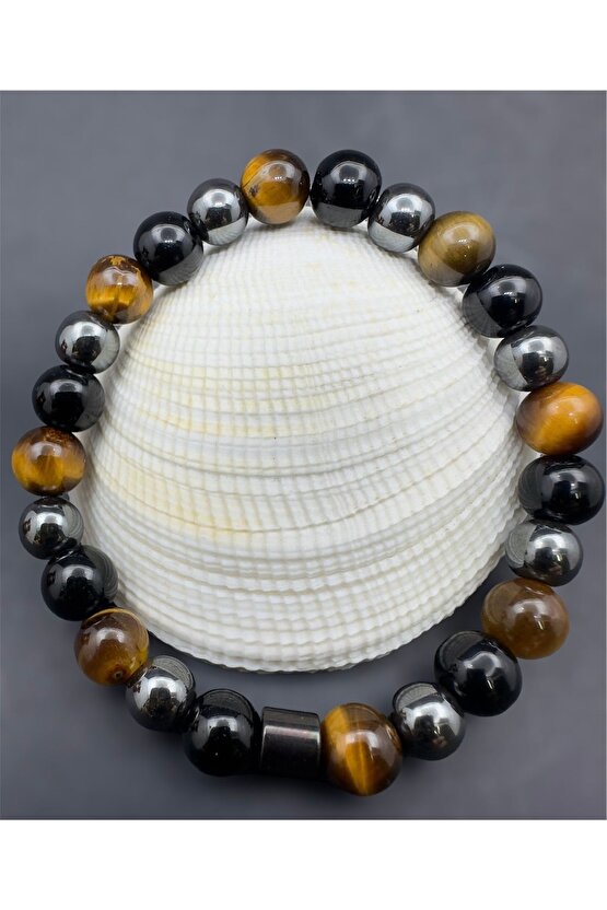 Sertifikalı Koruma Enerji Güç Denge Çakra Bilekligi Kaplangözü-oniks-hematit Birleşimi