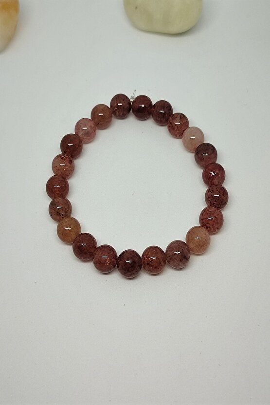 Sertifikalı Strawberry Çilek Kuvars Doğaltaş Bileklik