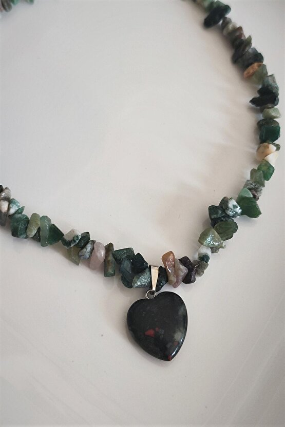 YEŞİL AKİK, KAN TAŞI KALP KIRIKTAŞ DOĞALTAŞ KOLYE