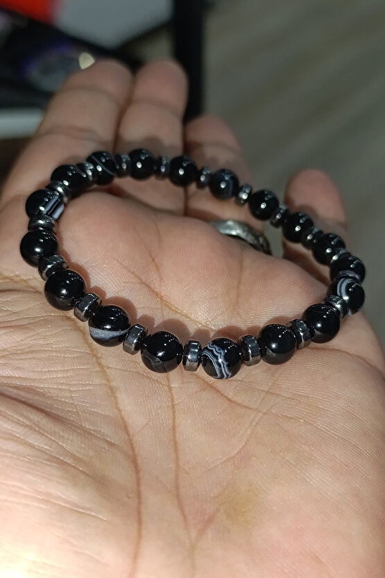 Siyah Akik 8 mm Hematit Ara Taşlı Natural Doğaltaş Bileklik