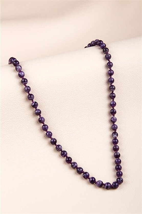 Ametist Doğal Taş Düğümlü Kolye 6 mm Küre Kesim