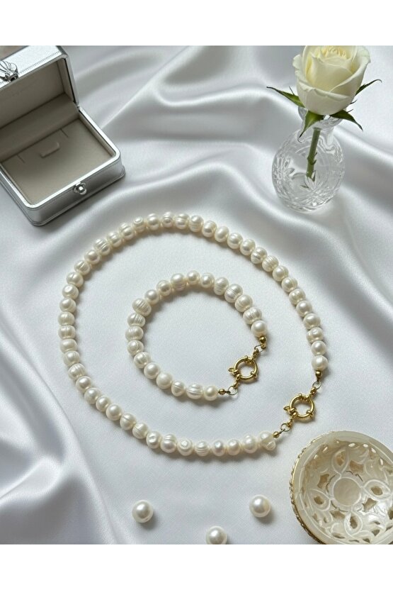 Çeyrek,Gram,Ata Altın Asma Aparatlı Gerçek İnci Kolye ve Bileklik Set