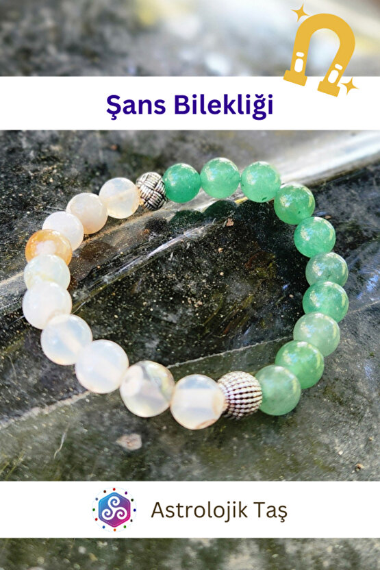 Doğal Taş Şans Bilekliği - Beyaz Akik & Aventurin Taşı