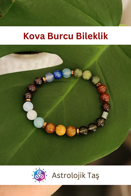 Kova Burcu Bilekliği - Jasper, Lal Taşı, Akuamarin, Dumanlı Kuvars, Yeşim Taşı, Mavi Ve Kırmızı Akik