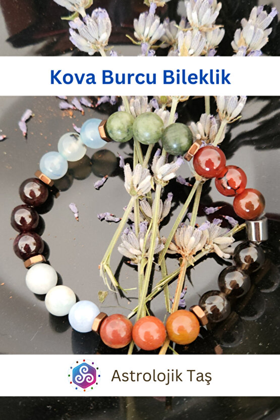 Kova Burcu Bilekliği - Jasper, Lal Taşı, Akuamarin, Dumanlı Kuvars, Yeşim Taşı, Mavi Ve Kırmızı Akik