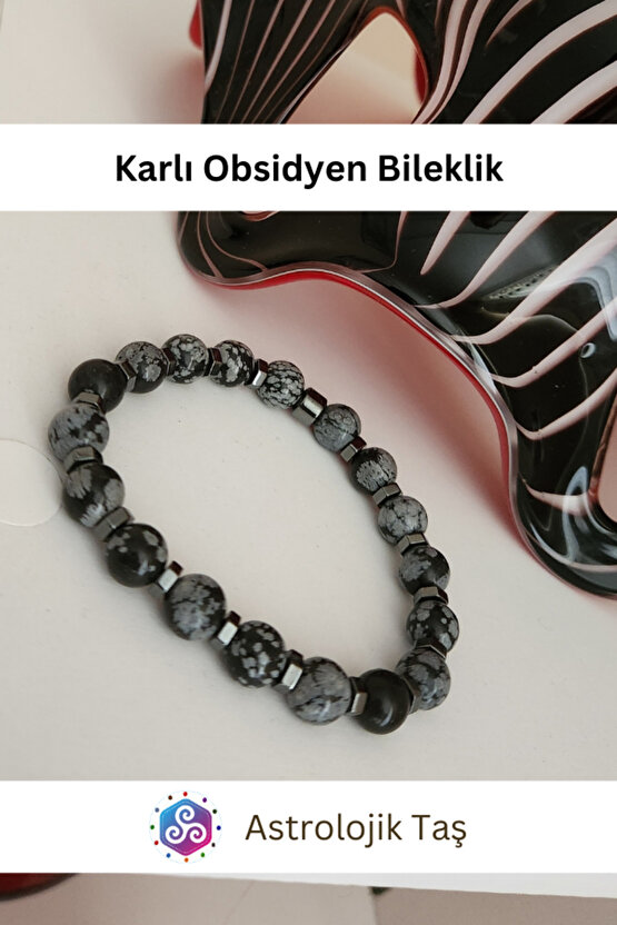 Karlı Obsidyen Doğal Taş Bileklik - Obsidyen Taşı & Hematit