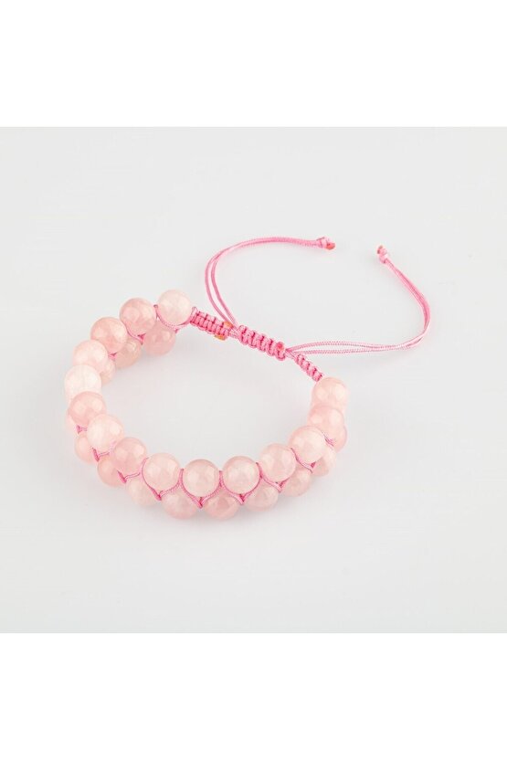 Pembe Kuvars (Gül Kuvars) 8mm Çift Sıra Makrome Doğal Taş Bileklik
