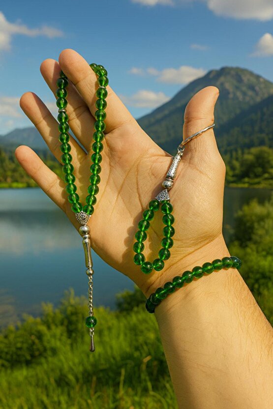 Oniks Taşı Cam Bileklik-33Lü Tesbih-Anahtarlık Seti | 3Lü Set | Hediye Aksesuar Kombin | Yeşil