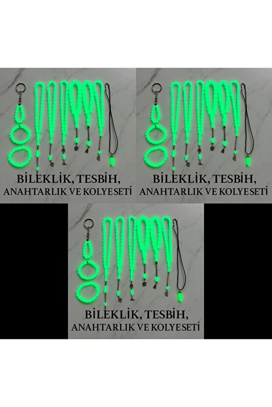 Fosforlu Kedigözü 30Lu Set-Tesbih Kolye Bileklik Anahtarlık Seti-Karanlıkta Parlar-Hediye Aksesuar