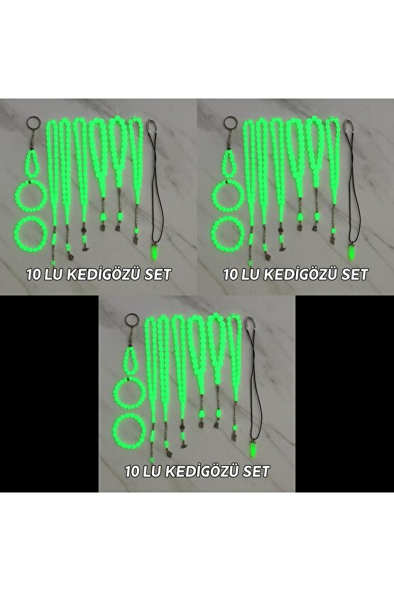 Fosforlu Kedigözü 30Lu Set-Tesbih Kolye Bileklik Anahtarlık Seti-Karanlıkta Parlar-Hediye Aksesuar