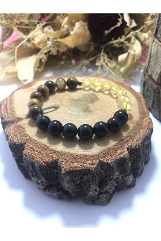 Aslan Burcu Kaplangözü Sitrin Oniks Doğal Taşlı Bileklik 3lü