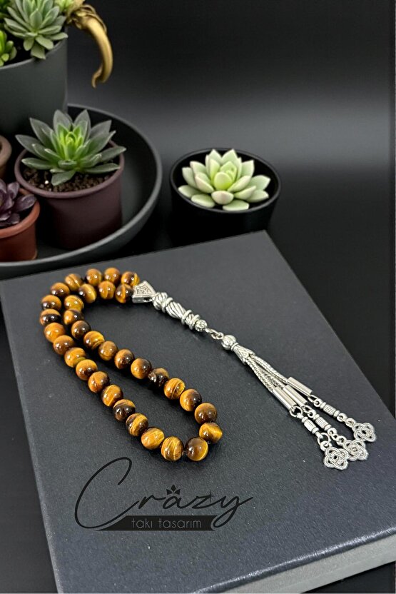 8 MM HAKİKİ KAPLAN GÖZÜ TAŞINDAN BİLEKLİK-33 LÜ TESBİH VE ANAHTARLIK ÜÇLÜ SET