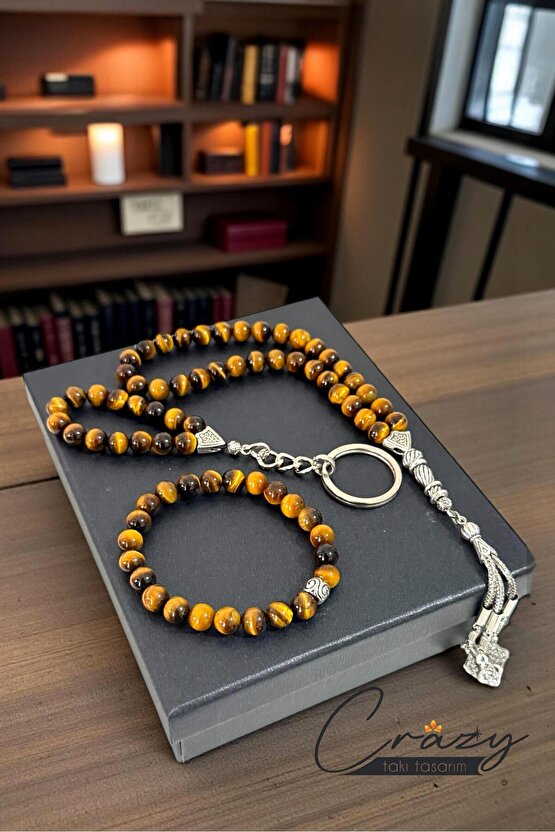 8 MM HAKİKİ KAPLAN GÖZÜ TAŞINDAN BİLEKLİK-33 LÜ TESBİH VE ANAHTARLIK ÜÇLÜ SET
