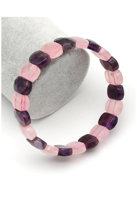 Ametist - Pembe Kuvars Doğal Taş Roleks Bileklik 9 x 14 mm