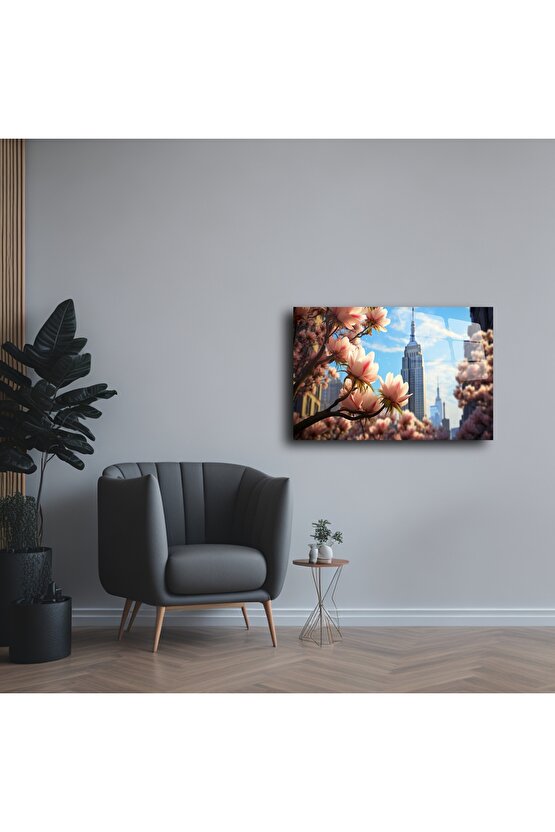 Magnolya ve New York Silueti Cam Tablo