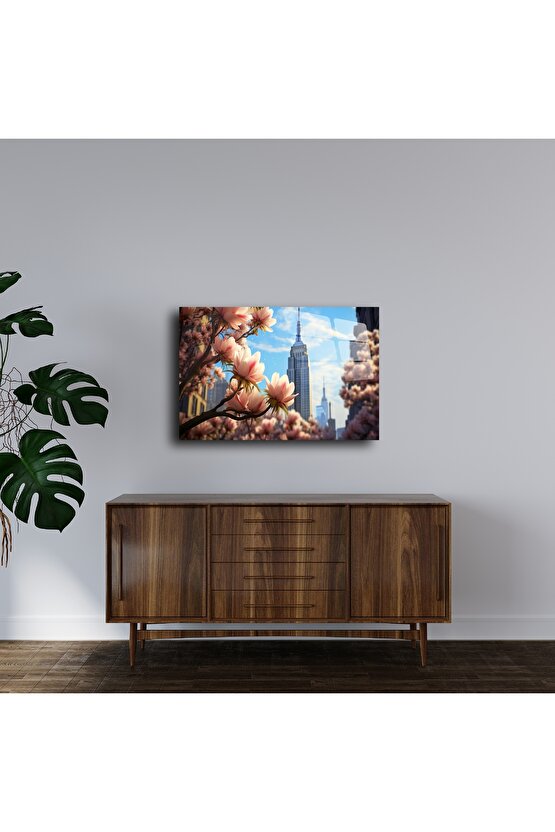 Magnolya ve New York Silueti Cam Tablo
