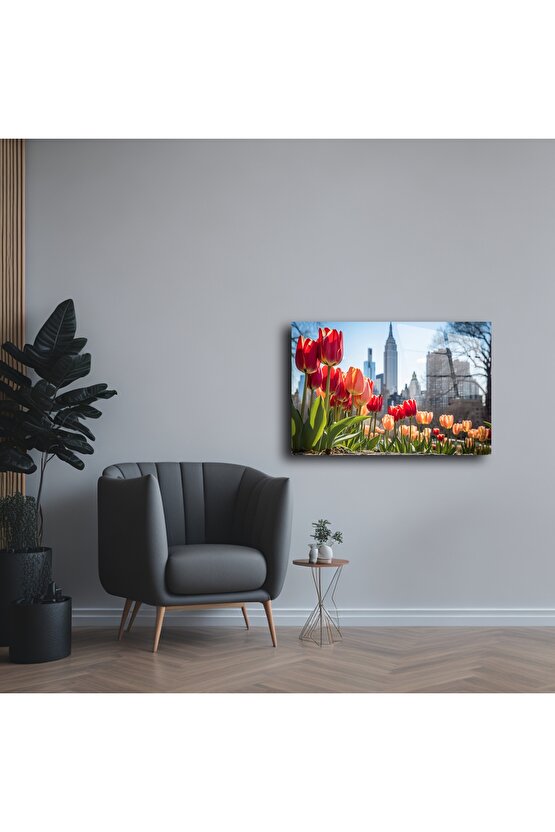 New York Manzaralı Lale Bahçesi Cam Tablo