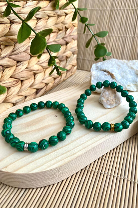 Malakit Doğal Taş Unisex Bileklik 8mm - Altın Halka