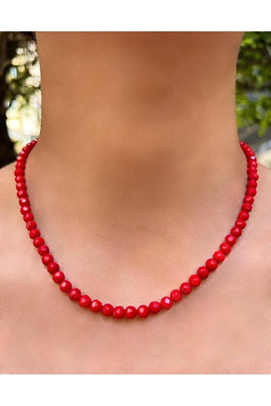 5 MM Fasetli Küre Kesim Boyalı Mercan Doğal Taş Kolye