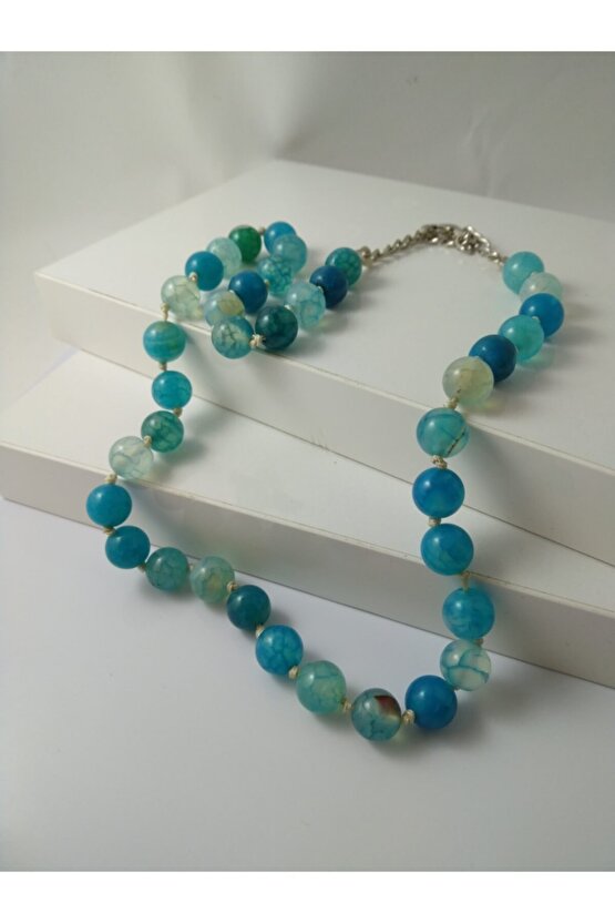 Doğaltaş Tasarım Kolye-mavi Akik Taşı Düğümlü Kolye