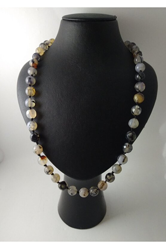 Doğaltaş Tasarım Kolye-siyah Damarlı Akik Taşı Düğümlü Kolye