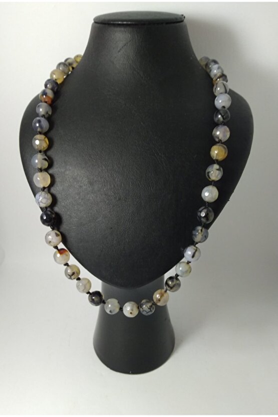 Doğaltaş Tasarım Kolye-siyah Damarlı Akik Taşı Düğümlü Kolye